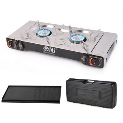 NJ Commerce Nj Sg-2 Portable Double Burner Gas Stove Stainless Steel Camping With Grill Plate Plastic Carry Case For Bbq Outdoor from B&Q