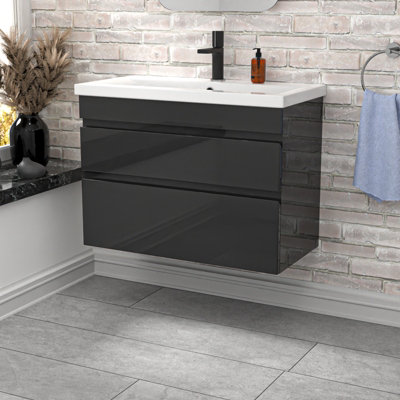 B&Q -  Wall Hung Anthracite 800mm 2 Drawers Vanity Unit & Basin Sink