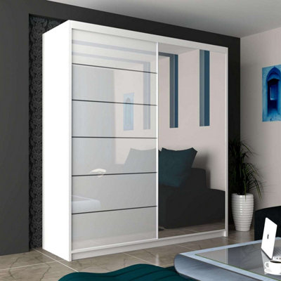 B&Q -  Sliding Wardrobes 4U Fletche High Gloss Mirror Sliding Door Wardrobe In 3 Colors And 3 Sizes (White W1500mm H2000mm)