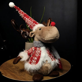 38cm Plush Reindeer Christmas Decoration with Hat and Scarf in Red
