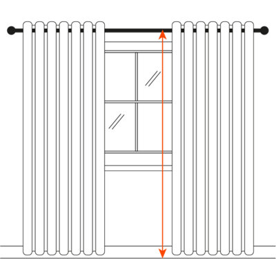An illustration of floor-length curtains with an arrow stretching vertically from the top of the curtain pole to the floor, showing the length of floor-length curtains.
