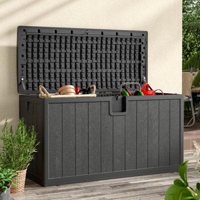 397L Large Garden storage box Wood effect Outdoor HDPE Deck Box Black