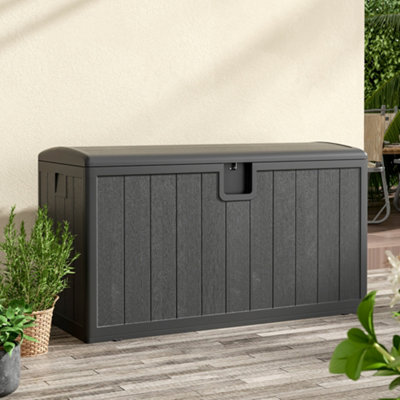 397L Large Garden storage box Wood effect Outdoor HDPE Deck Box Black