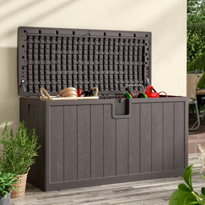 397L Large Garden storage box Wood effect Outdoor HDPE Deck Box Brown