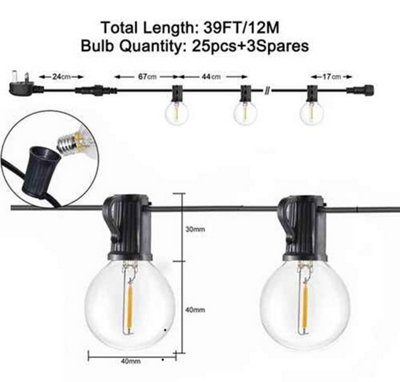 39FT Mains Powered Festoon String Lights 25 plus 3 LED G40 Bulbs Outdoor Garden Party
