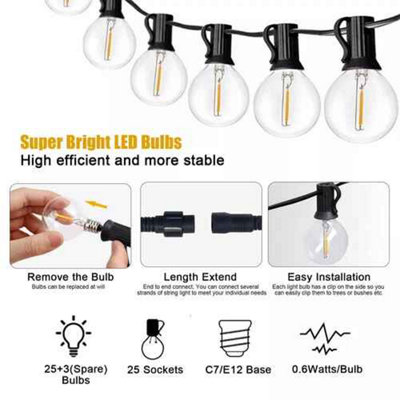 39FT Mains Powered Festoon String Lights 25 plus 3 LED G40 Bulbs Outdoor Garden Party