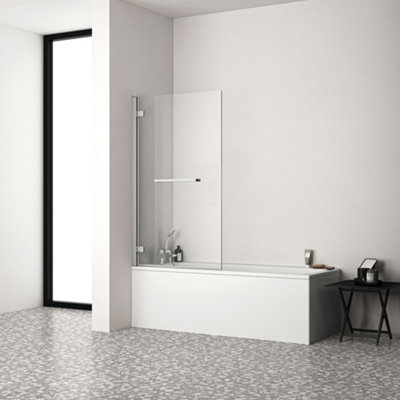 A straight bath with a bath screen, installed in a minimalist white bathroom.