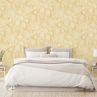 3D Effect Floral Wallpaper Flowers Yellow Mustard Washable Fine Decor Dimensions