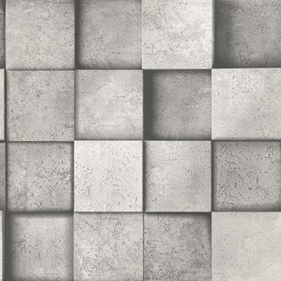 3D Effect Square Stone Brick Silver Grey Metallic Wallpaper Fine Decor