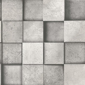 3D Effect Square Stone Brick Silver Grey Metallic Wallpaper Fine Decor