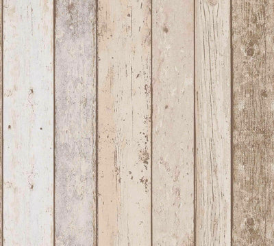 3D Effect Wood Panel Plank Wallpaper Distressed Cream Brown Beige A.S Creation