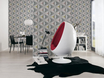 3D Geometric Wallpaper Retro Abstract Embossed Flower Graphic Grey Teal Olive