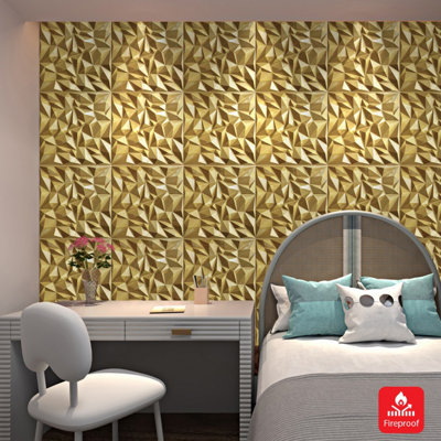 3D PVC Wall Panel Faceted Diamond Design Brushed Gold Size 500x500x1mm ...