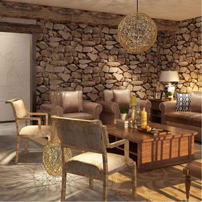 3D Rustic Stone Brick Textured Effect Wallpaper, Non Self  Adhesive Wallpaper Row, 5m²