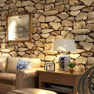 3D Rustic Stone Brick Textured Effect Wallpaper