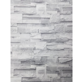 3D Slate Stone Brick Effect Wallpaper Grey Rock Realistic Textured Vintage