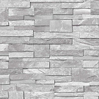3D Slate Stone Brick Effect Wallpaper Washable Vinyl Natural Grey