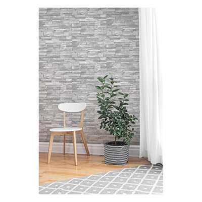3D Slate Stone Brick Effect Wallpaper Washable Vinyl Natural Grey