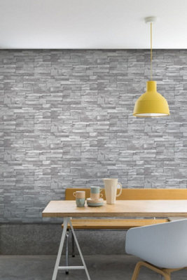 3D Slate Stone Brick Effect Wallpaper Washable Vinyl Natural Grey - 3