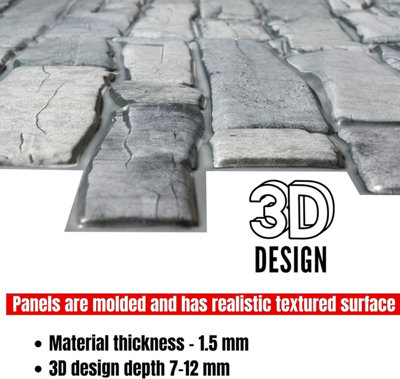 3D Stone Slate Effect Wall Panelling - Set of 6 Covers 2.89m²(31.11 ft²) Grey Rock Design - PVC Plastic Cladding Panels for Décor