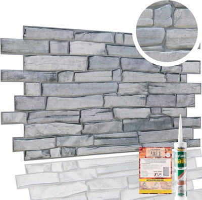 3D Stone Slate Effect Wall Panelling - Set of 6 Covers 2.89m²(31.11 ft²) Grey Rock Design - PVC Plastic Cladding Panels for Décor - 8