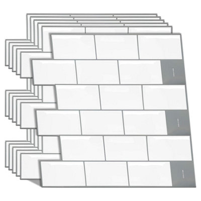 3D Tile Stickers Peel & Stick Backsplash London Metro Classic Brick Brilliant White 18 Sheets 30.5cm(12")