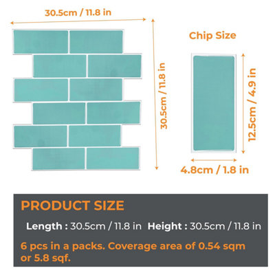 3D Tile Stickers Peel & Stick Backsplash Waterproof Capri Sea 6 Sheets 30.5cm(12") Green - 5