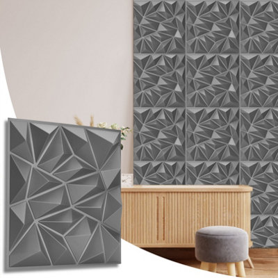3D Wall Panels Adhesive Included - 6 Sheets Cover (1.5m²)16.15ft² Interior Cladding Panels - Diamond Design in Matte Grey Silver