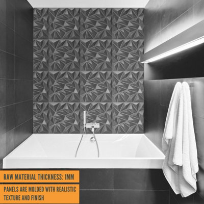 3D Wall Panels Adhesive Included - 6 Sheets Cover (1.5m²)16.15ft² Interior Cladding Panels - Diamond Design in Matte Grey Silver