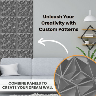 3D Wall Panels Adhesive Included - 6 Sheets Cover (1.5m²)16.15ft² Interior Cladding Panels - Diamond Design in Matte Grey Silver - 4