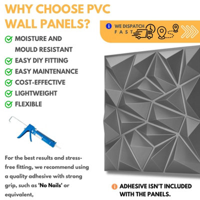 3D Wall Panels Adhesive Included - 6 Sheets Cover (1.5m²)16.15ft² Interior Cladding Panels - Diamond Design in Matte Grey Silver - 5