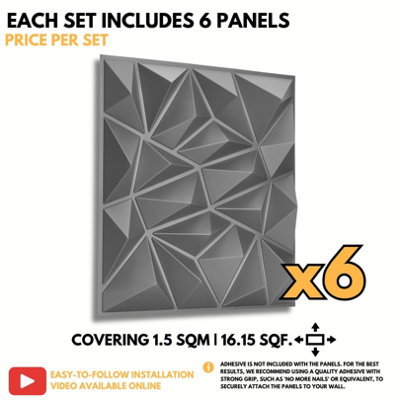 3D Wall Panels Adhesive Included - 6 Sheets Cover (1.5m²)16.15ft² Interior Cladding Panels - Diamond Design in Matte Grey Silver - 6
