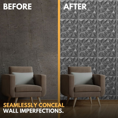 3D Wall Panels Adhesive Included - 6 Sheets Cover (1.5m²)16.15ft² Interior Cladding Panels - Diamond Design in Matte Grey Silver - 7