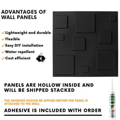 3D Wall Panels Adhesive Included - 6 Sheets Cover 16.15ft²(1.5m²) Interior Cladding Panels - 3D Blocks Design in Matte Black - 5