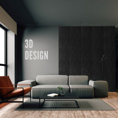 3D Wall Panels Adhesive Included - 6 Sheets Cover 16.15ft²(1.5m²) Interior Cladding Panels - 3D Blocks Design in Matte Black - 7