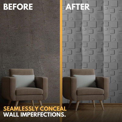 3D Wall Panels Adhesive Included - 6 Sheets Cover 16.15ft²(1.5m²) Interior Cladding Panels - 3D Blocks Design in Matte Grey Silver - 6