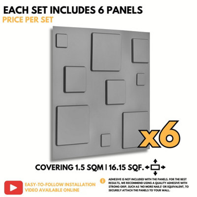 3D Wall Panels Adhesive Included - 6 Sheets Cover 16.15ft²(1.5m²) Interior Cladding Panels - 3D Blocks Design in Matte Grey Silver - 7