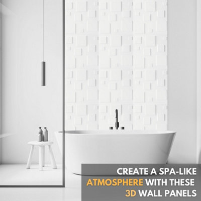 3D Wall Panels Adhesive Included - 6 Sheets Cover 16.15ft²(1.5m²) Interior Cladding Panels - 3D Blocks Design in Matte White
