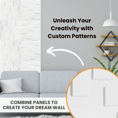 3D Wall Panels Adhesive Included - 6 Sheets Cover 16.15ft²(1.5m²) Interior Cladding Panels - 3D Blocks Design in Matte White - 4