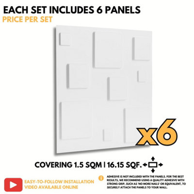 3D Wall Panels Adhesive Included - 6 Sheets Cover 16.15ft²(1.5m²) Interior Cladding Panels - 3D Blocks Design in Matte White - 7