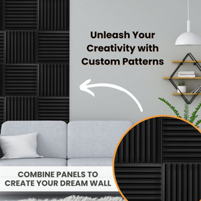 3D Wall Panels Adhesive Included - 6 Sheets Cover 16.15ft²(1.5m²) Interior Cladding Panels - 3D Fluted Line Design in Matte Black - 4