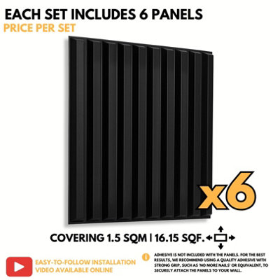 3D Wall Panels Adhesive Included - 6 Sheets Cover 16.15ft²(1.5m²) Interior Cladding Panels - 3D Fluted Line Design in Matte Black - 5