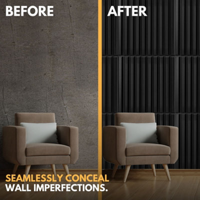 3D Wall Panels Adhesive Included - 6 Sheets Cover 16.15ft²(1.5m²) Interior Cladding Panels - 3D Fluted Line Design in Matte Black - 7