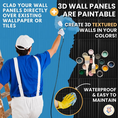 3D Wall Panels Adhesive Included - 6 Sheets Cover 16.15ft²(1.5m²) Interior Cladding Panels - 3D Fluted Line Design in Matte Black - 8