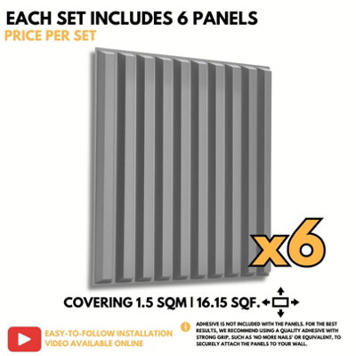 3D Wall Panels Adhesive Included - 6 Sheets Cover 16.15ft²(1.5m²) Interior Cladding Panels - 3D Fluted Line Design in Matte Grey - 5