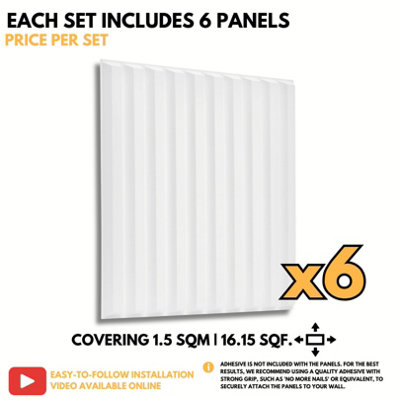 3D Wall Panels Adhesive Included - 6 Sheets Cover 16.15ft²(1.5m²) Interior Cladding Panels - 3D Fluted Line Design in Matte White - 6