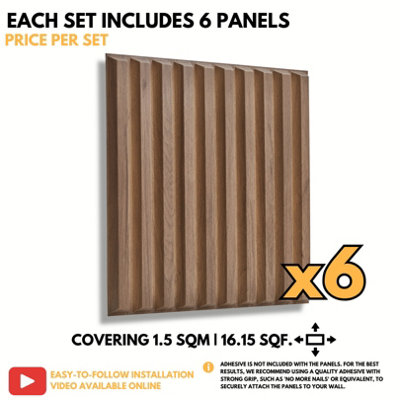 3D Wall Panels Adhesive Included - 6 Sheets Cover 16.15ft²(1.5m²) Interior Cladding Panels - 3D Fluted Line Design in Matte Wooden - 5