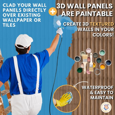 3D Wall Panels Adhesive Included - 6 Sheets Cover 16.15ft²(1.5m²) Interior Cladding Panels - 3D Fluted Line Design in Matte Wooden - 8
