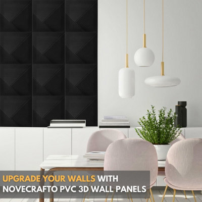 3D Wall Panels Adhesive Included - 6 Sheets Cover 16.15ft²(1.5m²) Interior Cladding Panels - Chevron Line Design in Matte Black - 4
