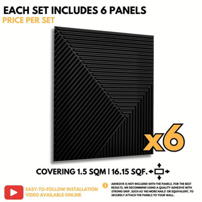3D Wall Panels Adhesive Included - 6 Sheets Cover 16.15ft²(1.5m²) Interior Cladding Panels - Chevron Line Design in Matte Black - 6